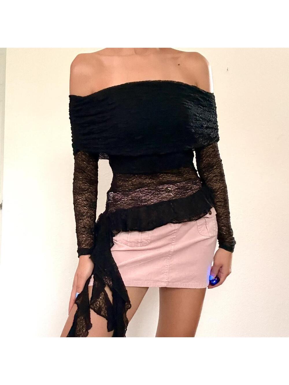 Y2K Black lace off shoulder ruffle top - Picture 1 of 8
